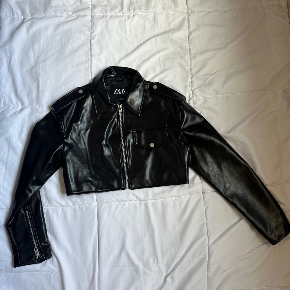 Zara Black Leather Motorcycle Jacket with Asymmetrical Zipper